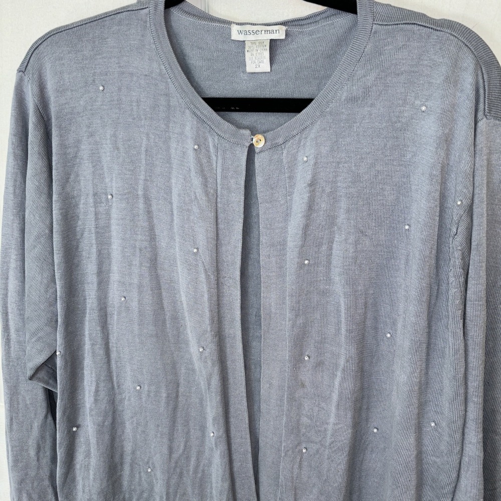 Wasserman Womens Collar Button  Cardigan Gray With Pearls 70%Silk/30%Cotton 1X